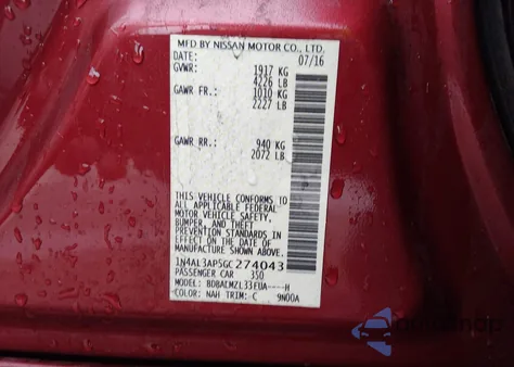 2016 Nissan Altima 2.5 Sv z USA, uszkodzony, nr VIN 1N4AL3AP5GC274043